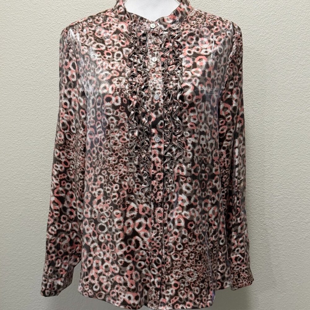 Ruby Rd pink leopard luster print, ruffles, long sleeve button down, size 16